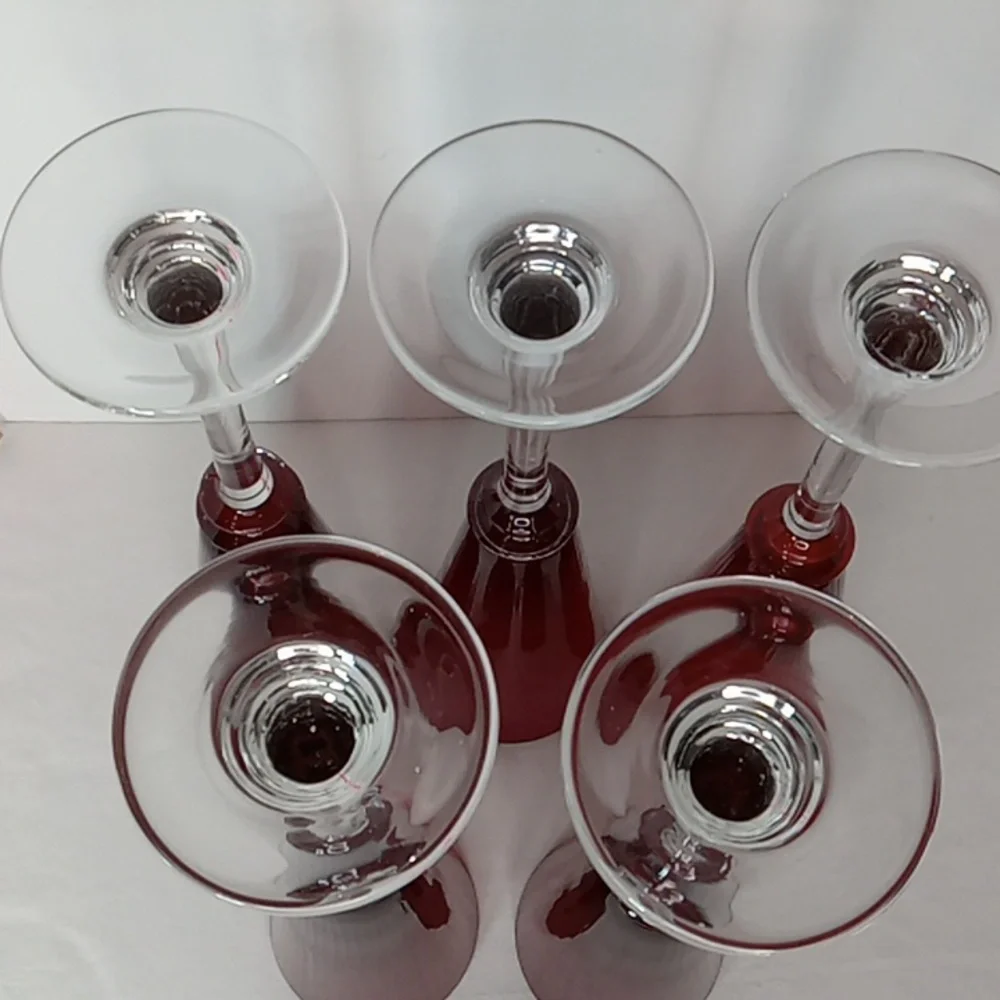 Vintage Ruby Red Ribbed Crystal Tall Stemmed Champagne Flutes Glasses Set Of 5